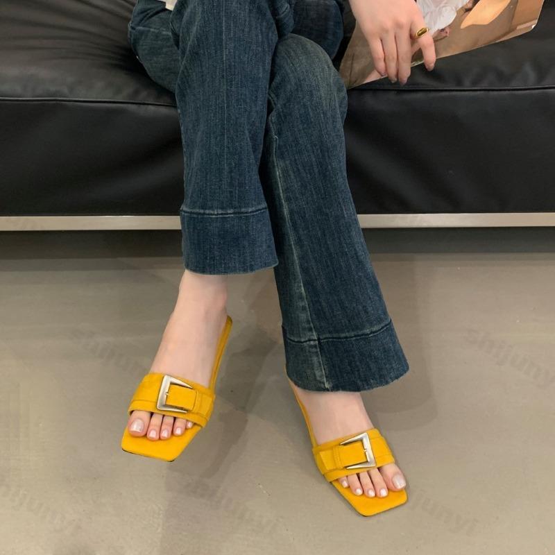 Модные шлепанцы с пряжкой, с открытым носком и квадратным носком, элегантные, удобные, на высоком каблуке, для женщин, лето 2025