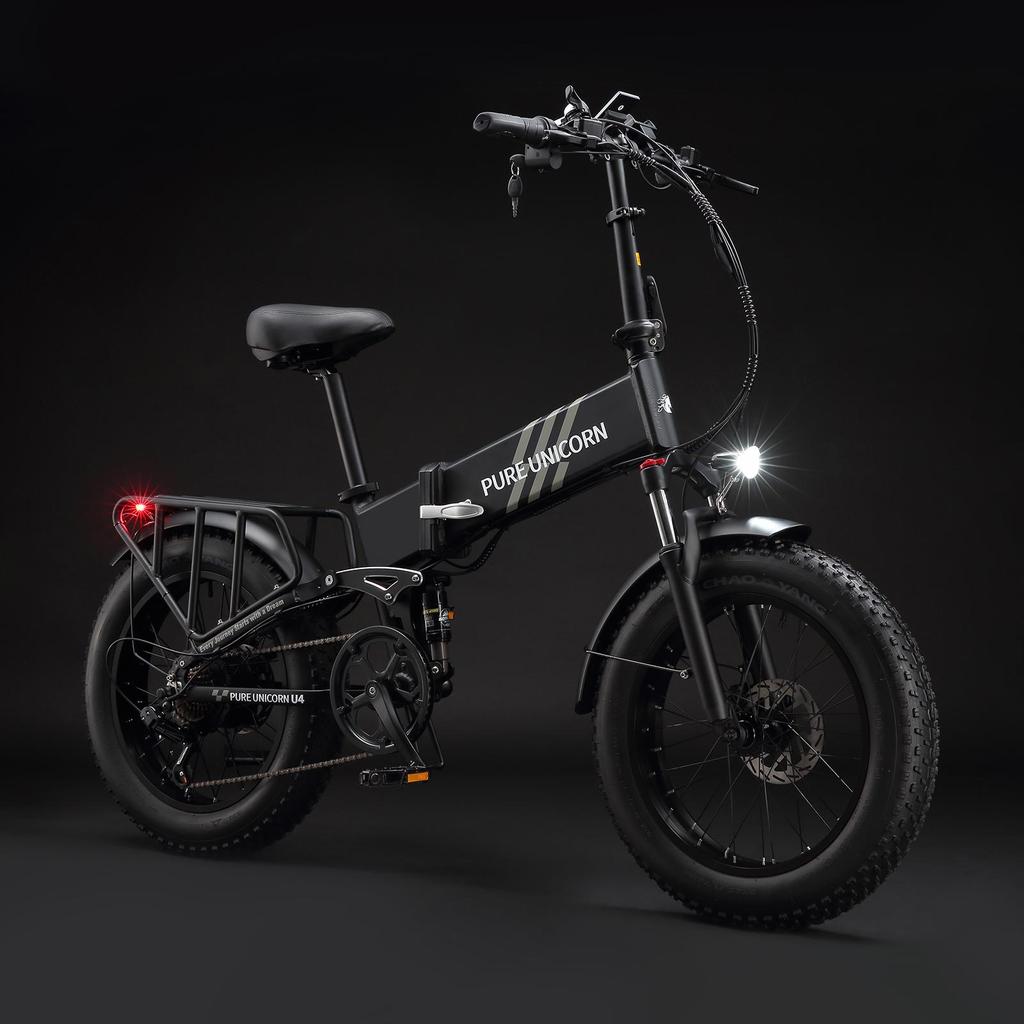 Складной электрический велосипед PURE UNICORN U4, мотор 1000 Вт, аккумулятор 48 В 15 Ач, широкие шины 20*4 дюйма, максимальная скорость 48 км/ч, запас хода 60 км, 7-скоростная трансмиссия Shimano