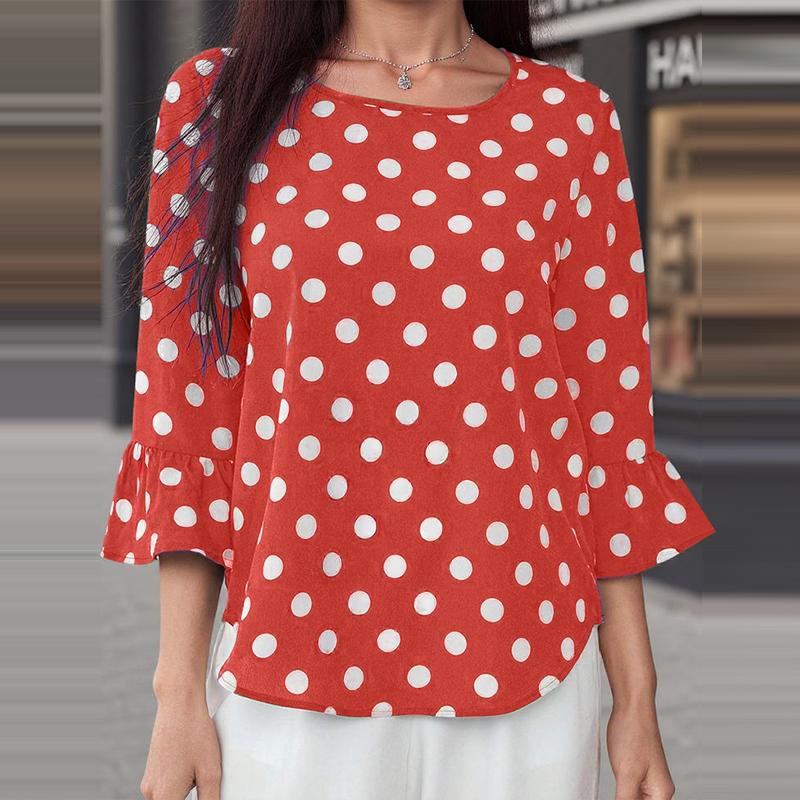 ZANZEA Женская повседневная блузка с круглым вырезом и рукавом 3/4, свободная, в горошек