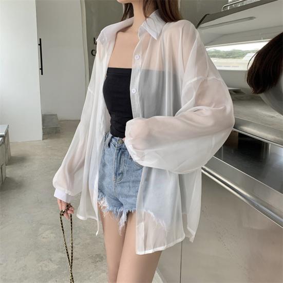 Summer Sun Protection Shirt Lapel Long Sleeve Button Down Shirt Pearlescent Chiffon Sunscreen Jacket Cover-up Outerwear
