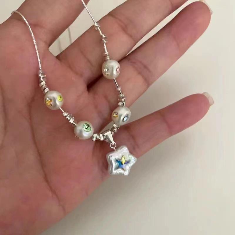 Aesthetic Colorful Rhinestone Star Pendant Silver Color Pearl Necklace for Women Beaded Neck Chain Jewelry Accessories