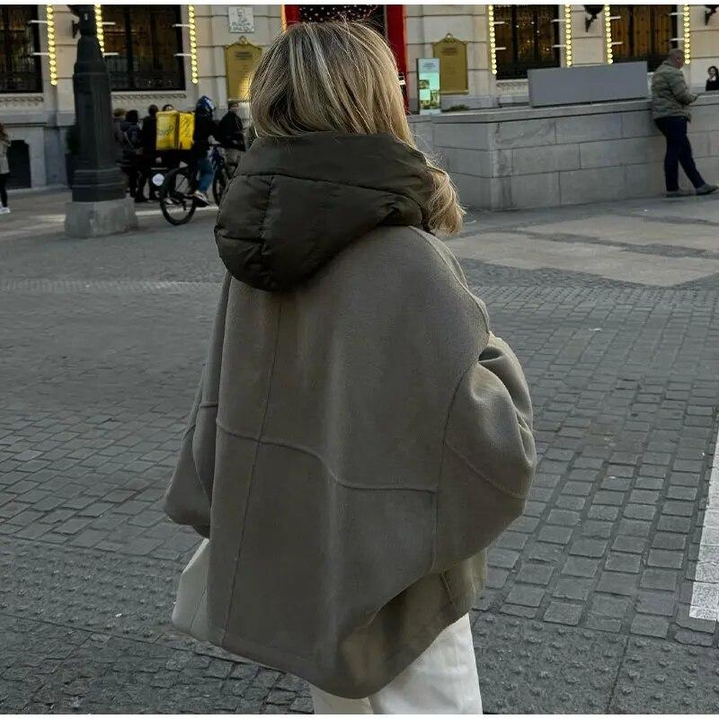 Повседневная свободная женская куртка с капюшоном, однотонная лоскутная молния, теплые пальто с длинными рукавами, осень-зима, женская шикарная уличная верхняя одежда, женское шерстяное пальто, уличная одежда