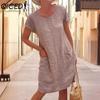 QICED Women Solid Color Summer Midi Dress Ladies Casual Loose Dress with Pockets Plus Size