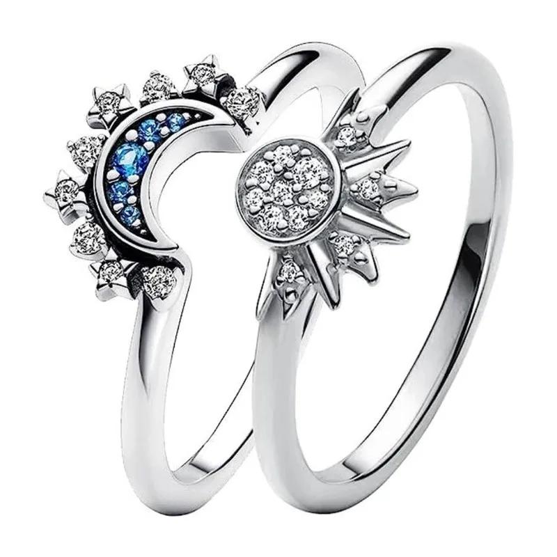 2023 New Celestial Blue Sparkling Moon Sun Star Crystal Ring for Women Fashion Elegant Stackable Finger Band Party Jewelry Gifts