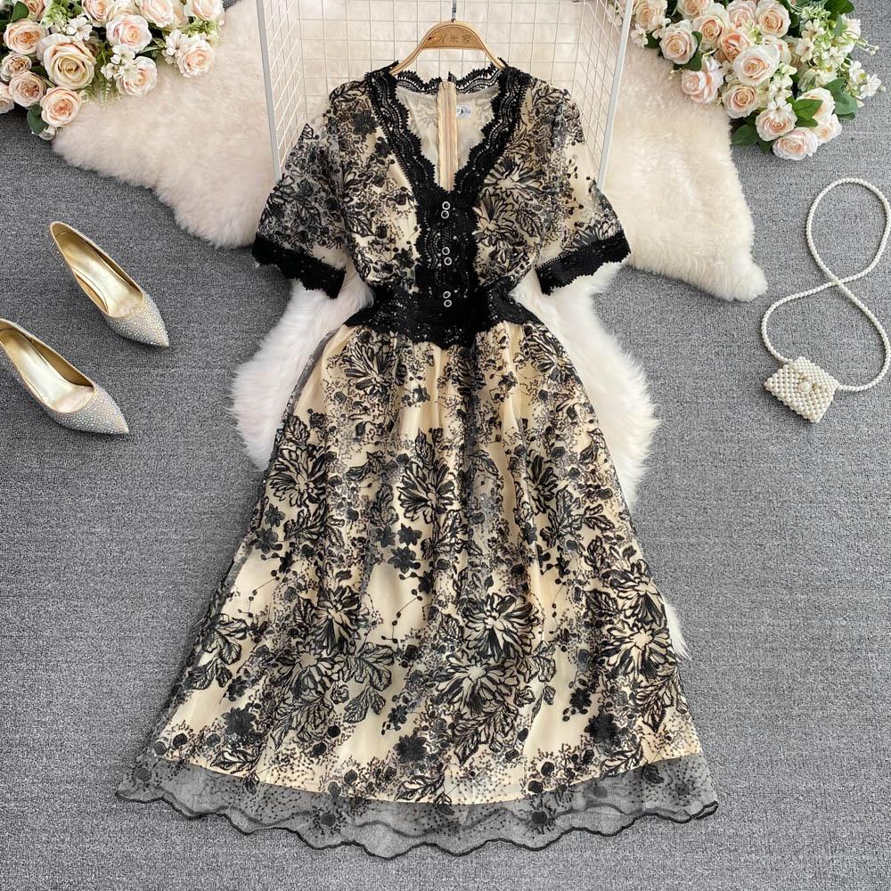 RUGOD Высококачественное сетчатое кружевное платье с v-образным вырезом для похудения и талии, элегантное темпераментное длинное платье с большими качелями