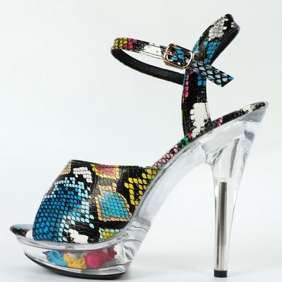 Женские летние пикантные универсальные красочные босоножки из змеиной кожи на высоком каблуке, сандалии серии D113, каблук 13 см, платформа 3 см, LFD