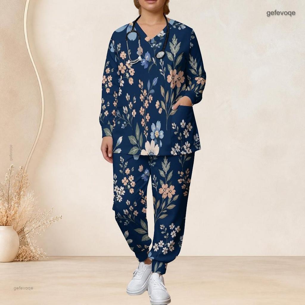 Women Plus Size Floral Printed V Neck Long Sleeve Nurse Scrub Two Piece Set With Pockets