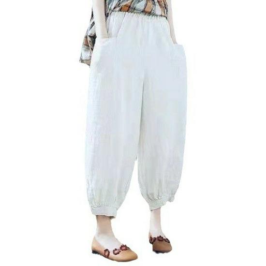 Women's Summer 100% Cotton Linen Lantern Pants - Casual, Loose, Nine-Point, Tie-Cuff Harem Style