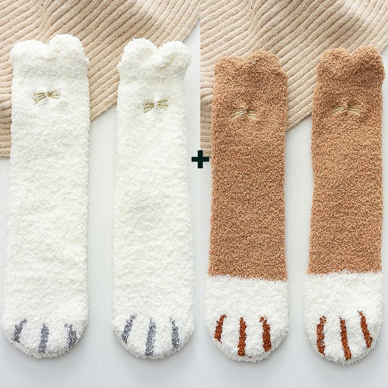 2 пары/лот флисовые тапочки коралловые осенне-зимние носки милые женские носки с принтом кошачьих лапок и животных