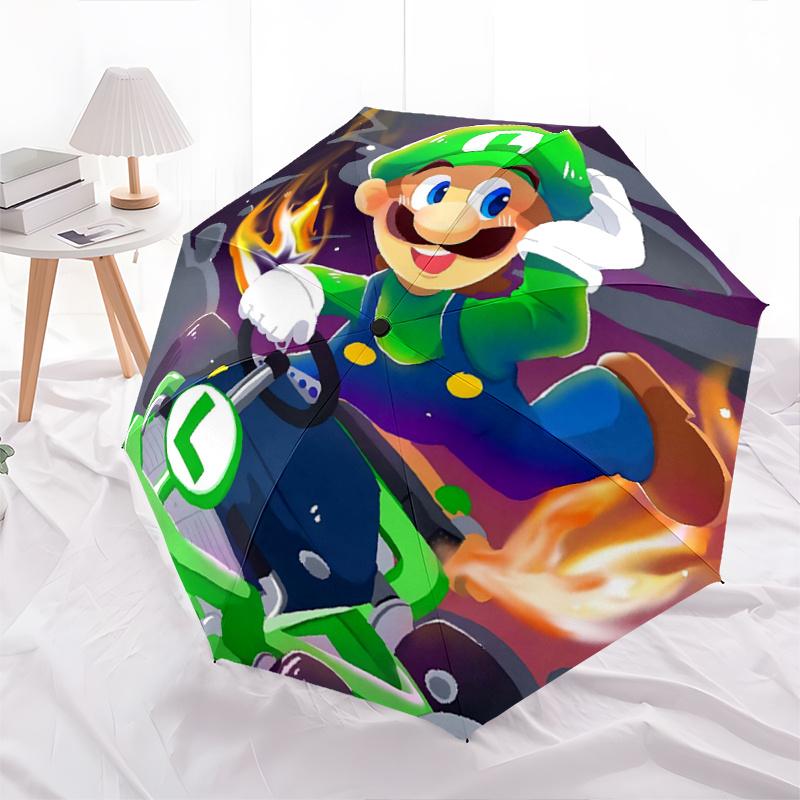 1pc Luigi's Inferno Racer Fully Automatic Folding Portable Cartoon Practical Umbrella, 8 Iron Frames, Three-Fold Design, Suitable for All Seasons, Sui