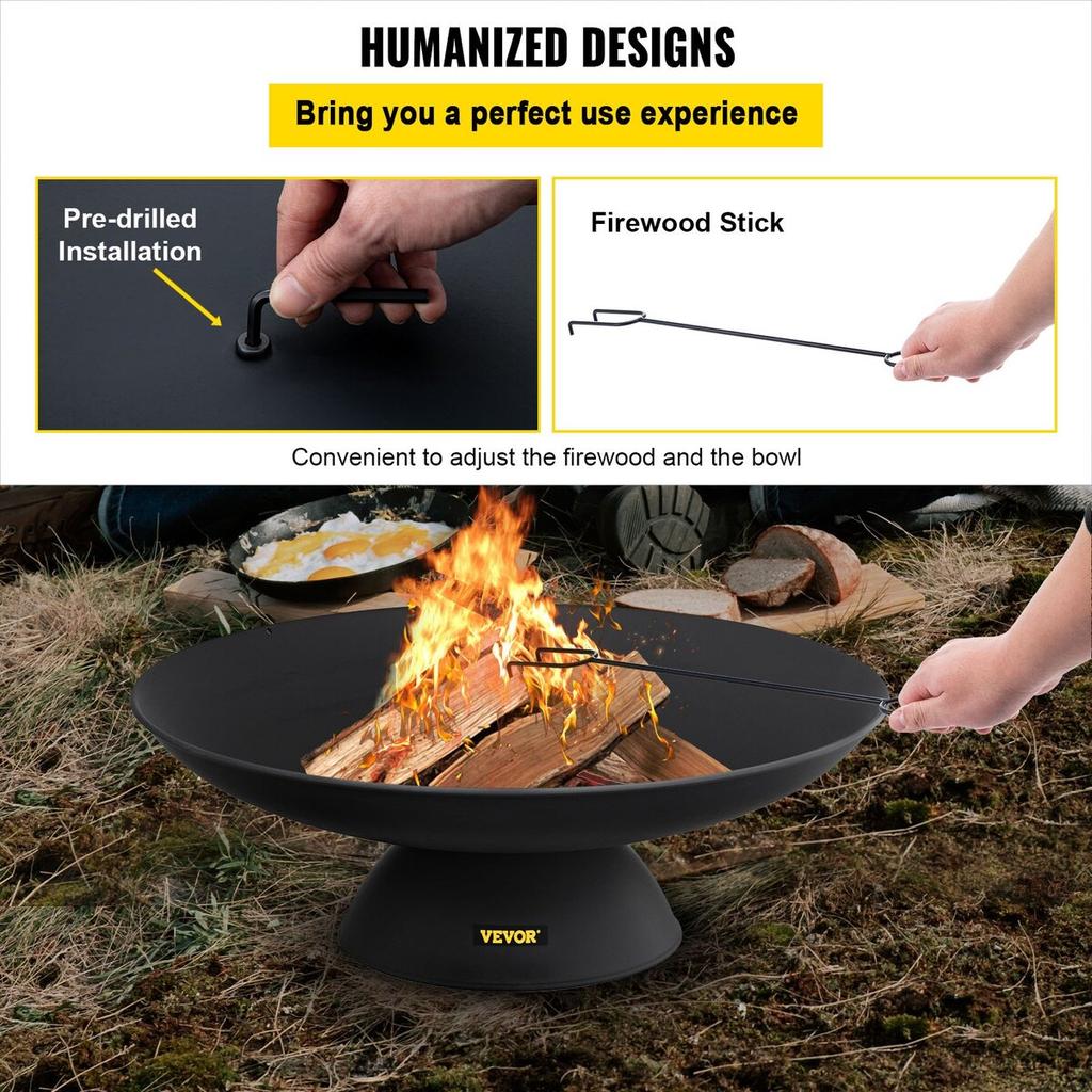Fire Pit Bowl, 30-Inch Deep Round Cast Iron Fire Bowl, Wood Burning for Outdoor Patios, Backyards & Camping Uses, with A Stable Bowl Designed Base and