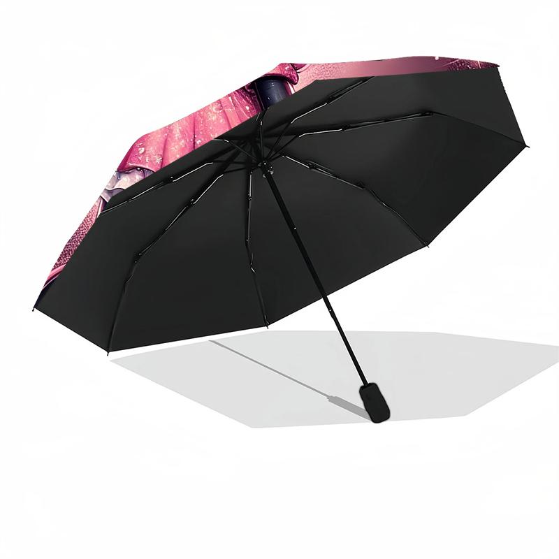 1pc Sturdy 8-Bone Auto Umbrella, Minnie Mouse Pink Sparkle Floral Umbrella, Digital Printed, Foldable Umbrella for On-the-Go Outdoor Use