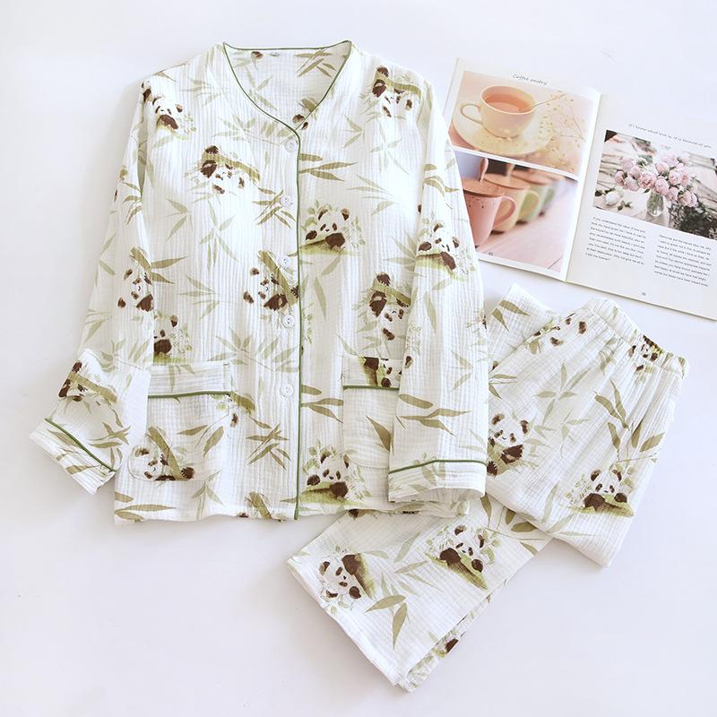 2025 Новый весенне-осенний женский пижамный комплект из 100% хлопкового крепа с длинными рукавами и длинными брюками, комплект из двух предметов с нагрудным ковриком, домашняя одежда