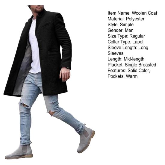 Men Woolen Coat Lapel Long Sleeve Mid-length Overcoat Solid Color Single Breasted Long Outwear with Side Pockets