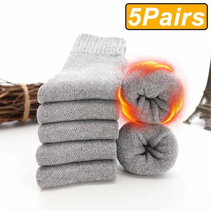 5 Pairs Winter Warm Men’s Socks Wool Male Women Socks Super Thicker Solid Socks Merino Wool Socks Against Cold Snow Terry Socks