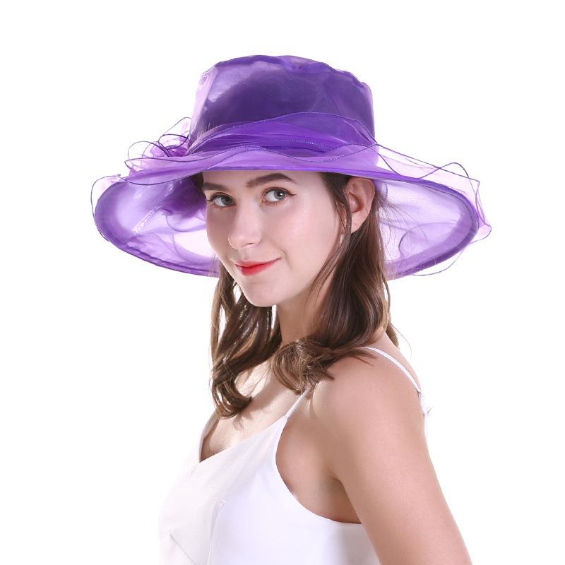 Fashion summer organza hat women flower UV protection beach gauze hat sunshade big brim hat