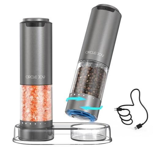 CIRCLE JOY Rechargeable Electric Salt and Pepper Grinder Set with Base, Aluminum Alloy Pepper Mill, 95ml Container, White LED Light, and Adjustable Ex