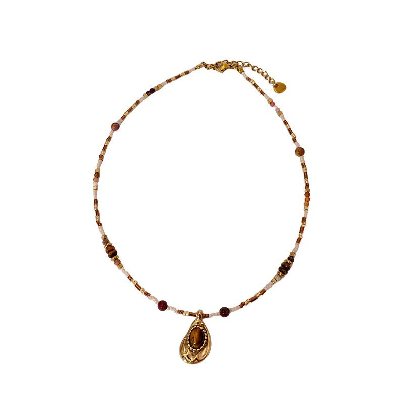 Ожерелье из бисера «Тигровый глаз» с овальным узором Майяра, цепочка для свитера премиум-класса из титановой стали, винтажный кофейный оттенок, натуральный камень, ключичная цепочка