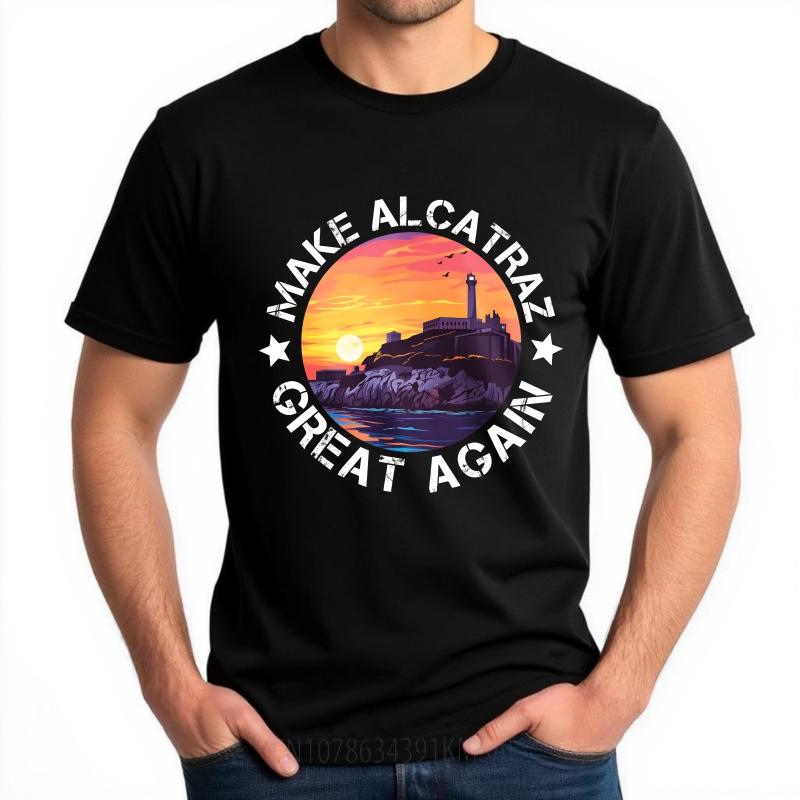 Casual Summer Women T Shirt Make Alcatraz Great Again Sunset Island Scene Short Sleeve Printed Crew Neck Tops Teeshirt For Man