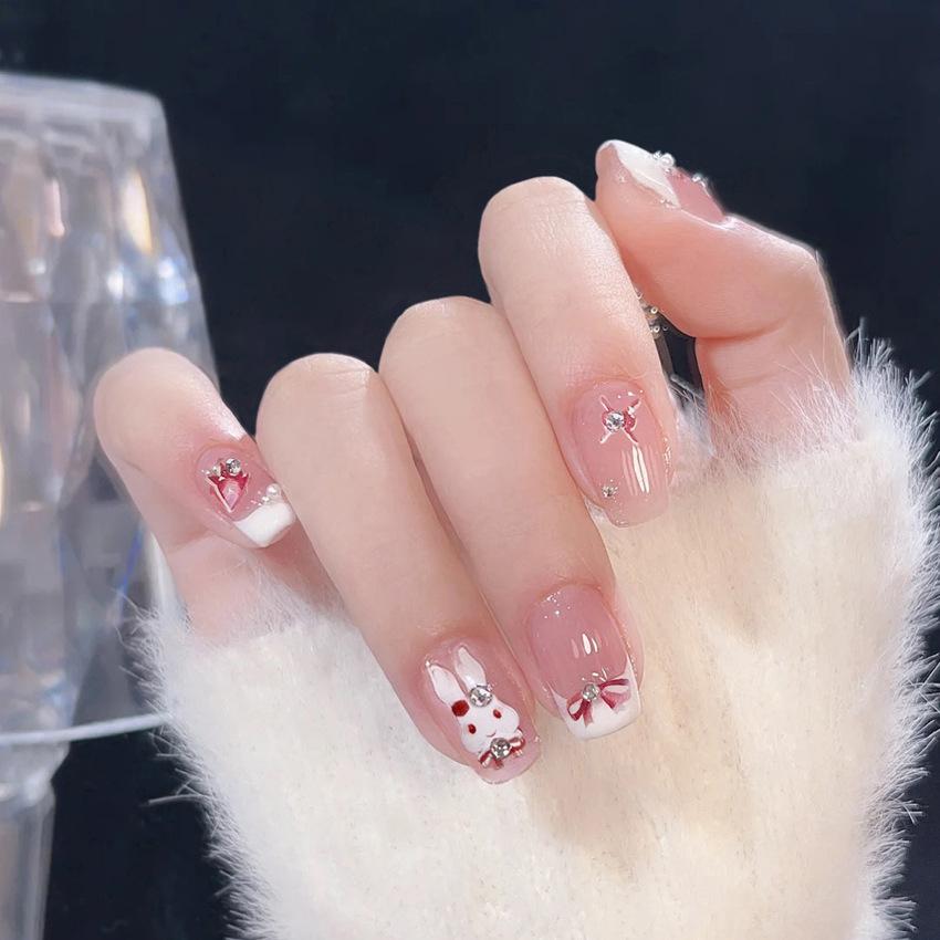 24Pcs False Nails Cute Rabbit Fake Nails Love French Nail Tips Fashion Nail Art Tools with Glue