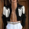 Men Lapel Neck Long Sleeve Tassel Open Front Short Shirts Casual Crop Tops
