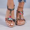 Women's Fashion Wedge Sandals Summer New Round Head Shallow Hollow-cut Breathable Fine Belt Printed Thick Heel Shoes