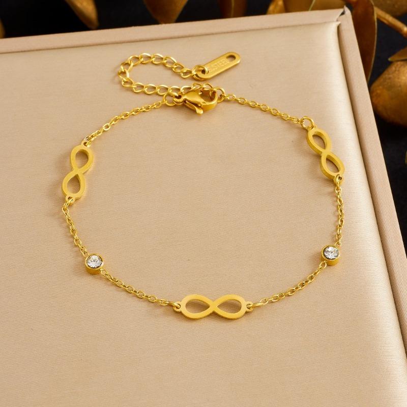 Gold Plated Infinity Symbol Bracelet with CZ Beads, Dainty Adjustable Cable Chain for Women, Minimalist Daily Jewelry