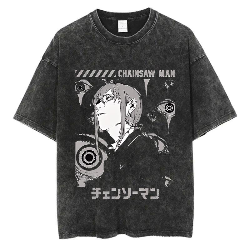 Anime Chainsaw Man Power Funny Print T Shirt Men Women Y2k T-shirts Washed Cotton Tee Harajuku Unisex Comfortable Tshirt