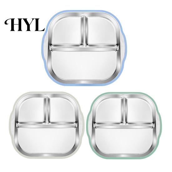 Silicone Sleeve Toddler Plate Stainless Steel with Suction Base 3-Compartment Baby Mess-free Mealtime Set Bowl Non-Slip Grip Unbreakable Metal