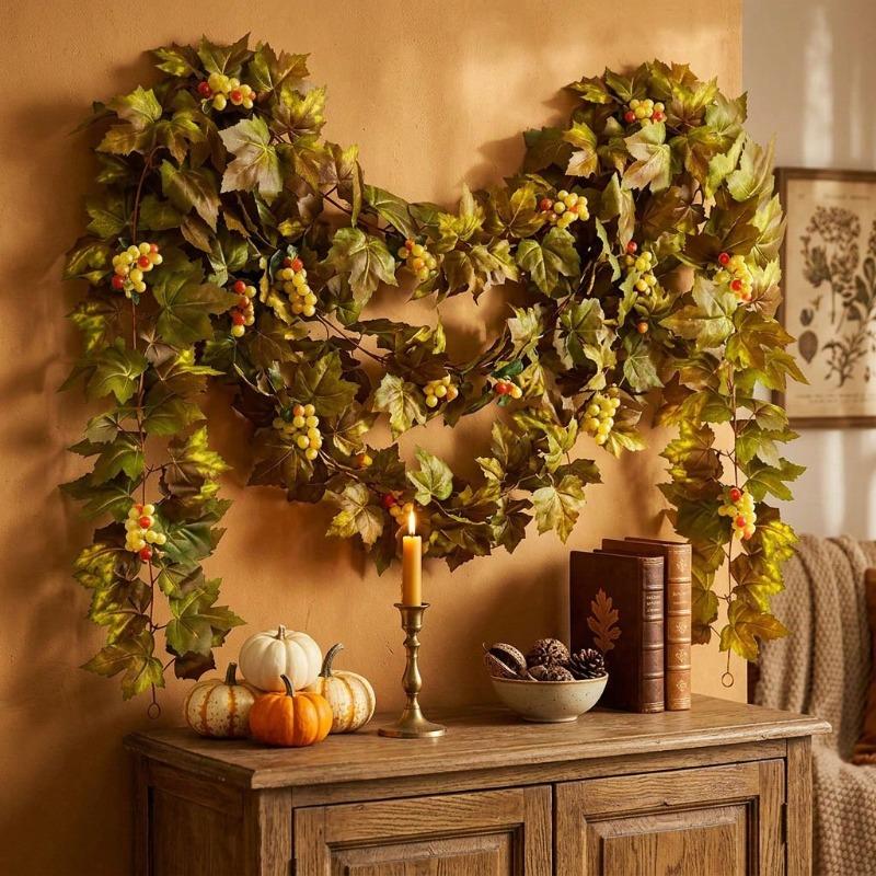 2Pcs Artificial Maple Leaf & Grape Berry Garland, for Harvest Festival & Halloween. Perfect for patio, wedding, home and holiday party decor.