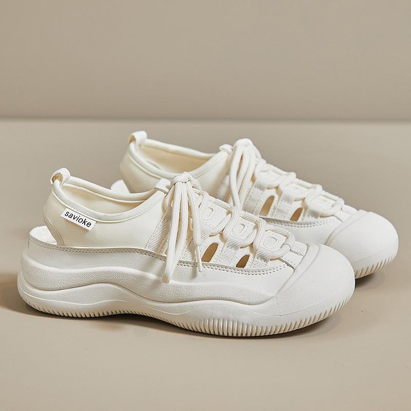 Women's Canvas Shoes Summer New Platform Increased Closed Toe Sandals Fashion Casual Hollow Out Tied White Shoes