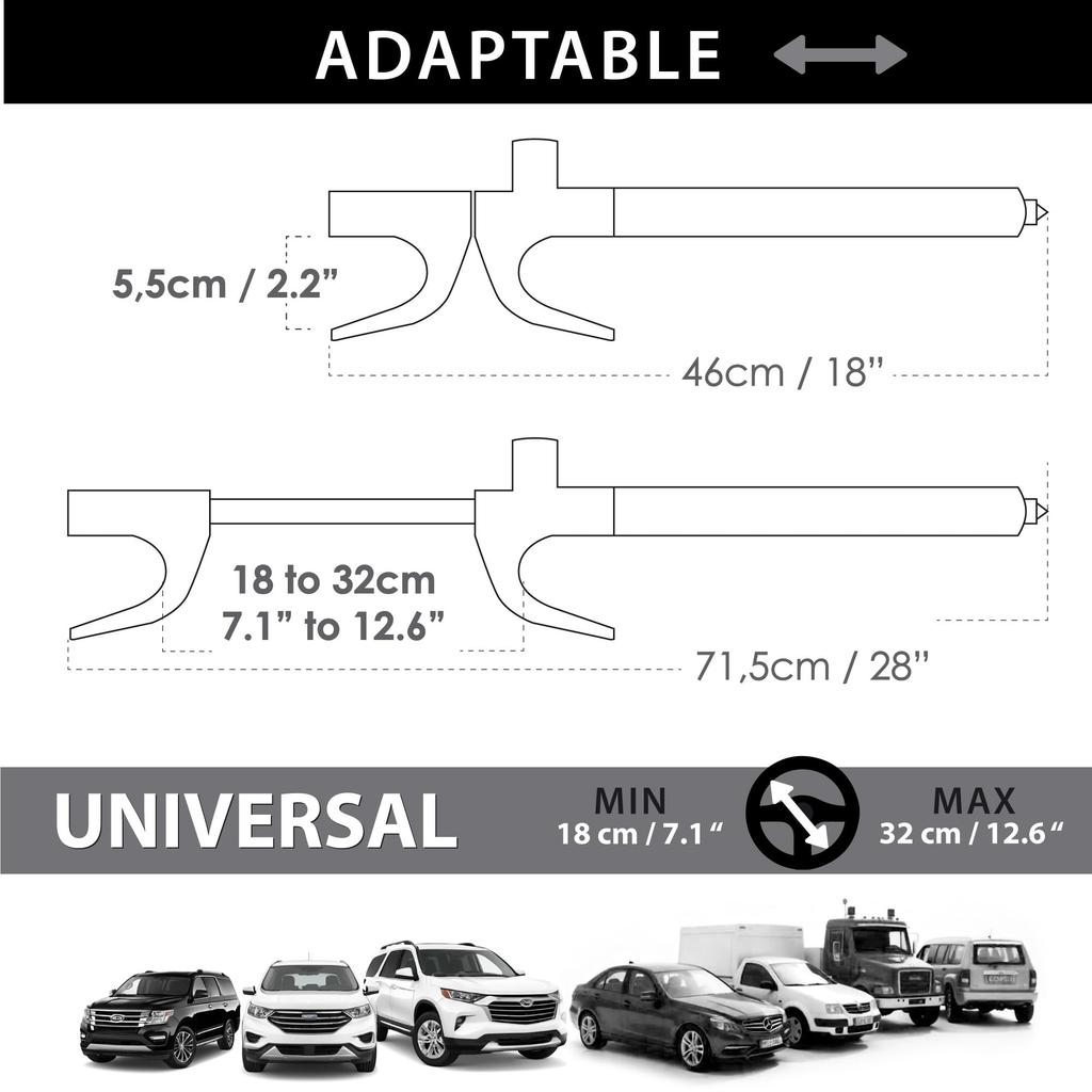 KRASER WA839B Steering Wheel High Universal and 3 Emergency Car Steering Wheel Lock Lock, Security, Adjustable, Keys, Built-in Hammer,