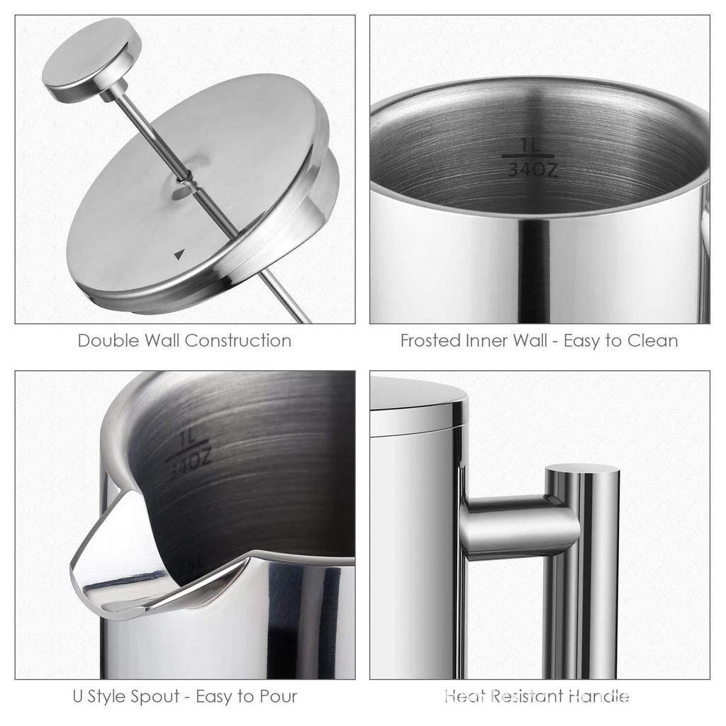 1000 мл двухслойный кофейник из нержавеющей стали 304, французская пресса, большая емкость, ручная кофеварка для кафе