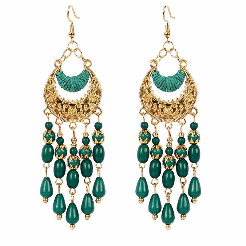 Bohemian Rice Bead Fringed Earrings Exaggerated Long Ear Hooks Fashion Ethnic Crescent Earrings