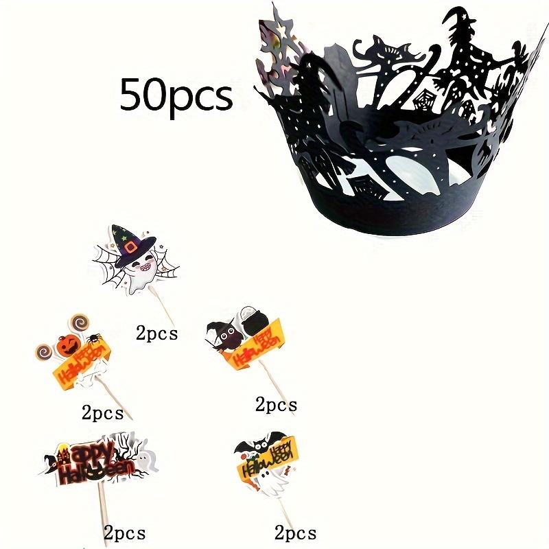 10 Ghost Cake Inserting Halloween Treat Picks with Spider Web Decoration and a Set of 50 Halloween Theme Cake Cups