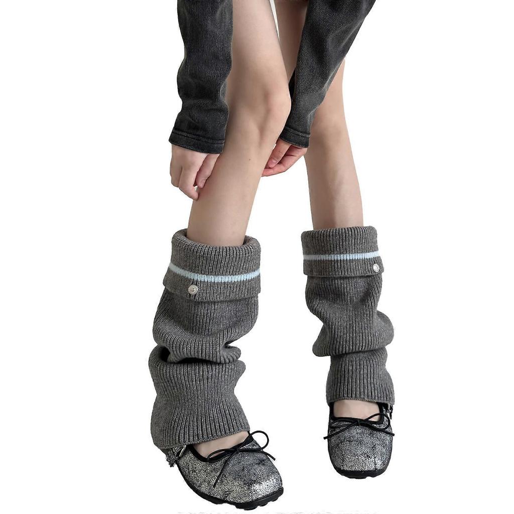 Women Korean Style Knitted Leg Warmers with Metal Button Elegant Turn Cuff Striped Boot Covers Flared Slouchy Calf Socks Gray