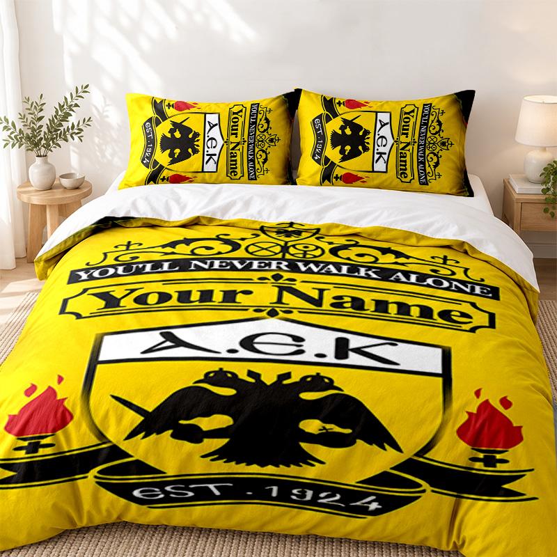 AEK Athens Custom Name 3pc set Perfect for bedroom use Comfortable bedding set includes a duvet cover and two pillowcases Ideal birthday or Christmas