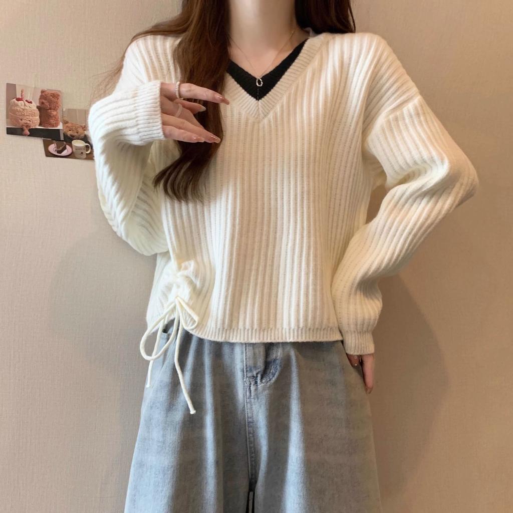 Knitted Sweater Women's Autumn Winter Versatile Slimming V-neck Long Sleeved Fake Two-piece Drawstring Sweater