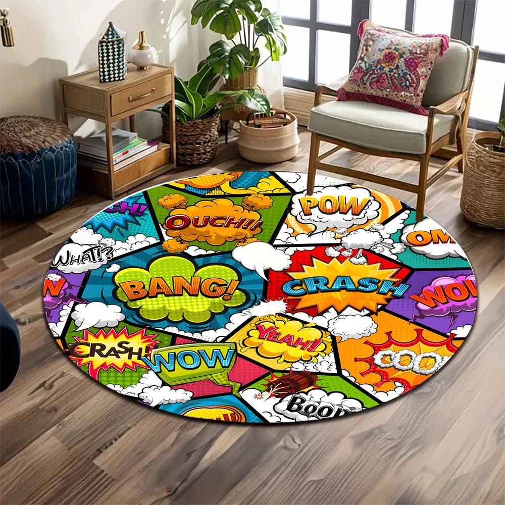 Colorful Comic Style Sound Effects Pattern Print round rug, living room, bedroom, playroom carpet, non slip floor mat, gift
