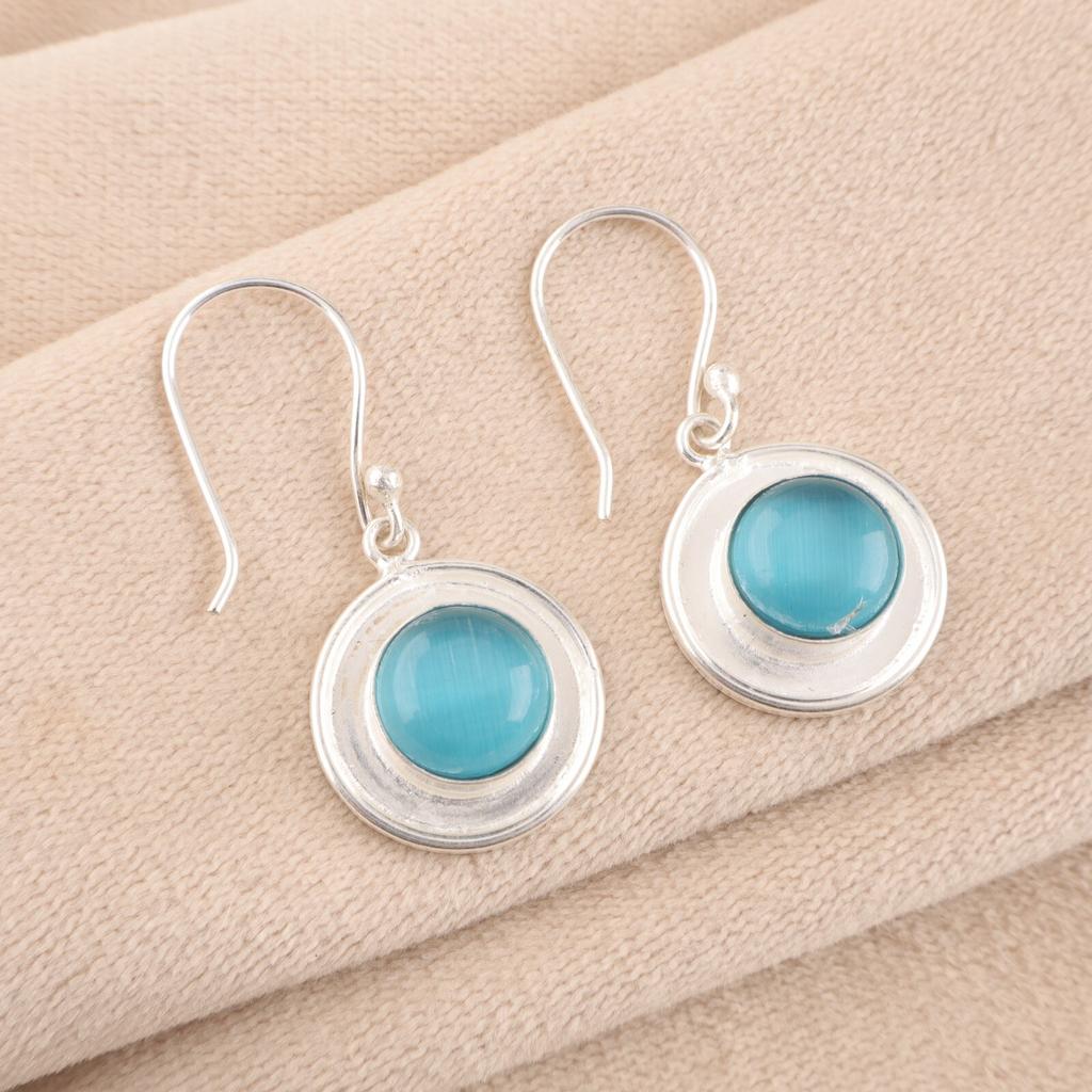 Blue Cat's Eye 925 Fine Silver Gemstone Jewelry Handmade Earrings 1.40" For Mom EE-4-48