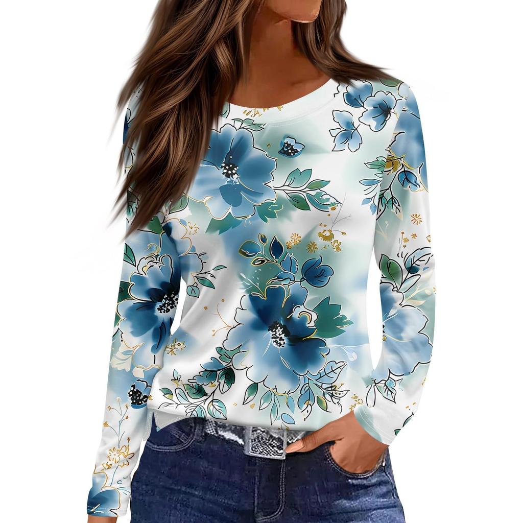 Women's Casual T-shirt 3D Printed Floral Floral Print Round Neck Retro Elegant Long Sleeves Women's Fashion Pullover Long Sleeve