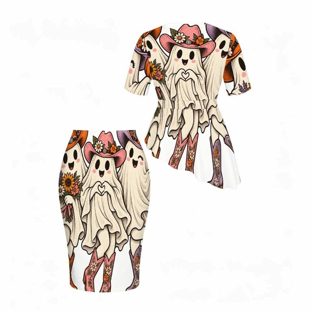 Women Plus Size Round Neck Short Sleeve Cute Bear Pumpkin Printed Asymmetric Top Fitted Skirt Two Piece Set