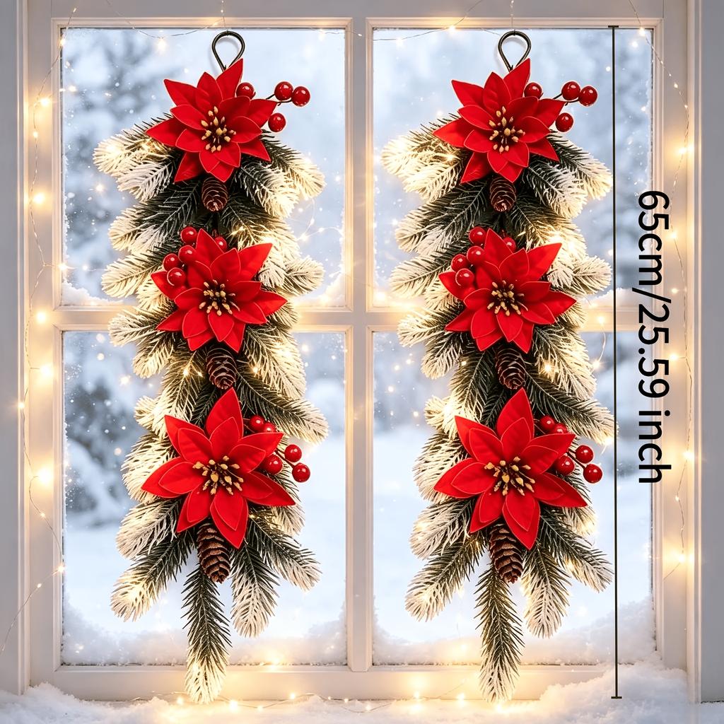 2PCS Christmas Poinsettia Decorations with Lights, Artificial Snowdrop Pine Cones, Red Berries, and Water Drop-Shaped Wreaths