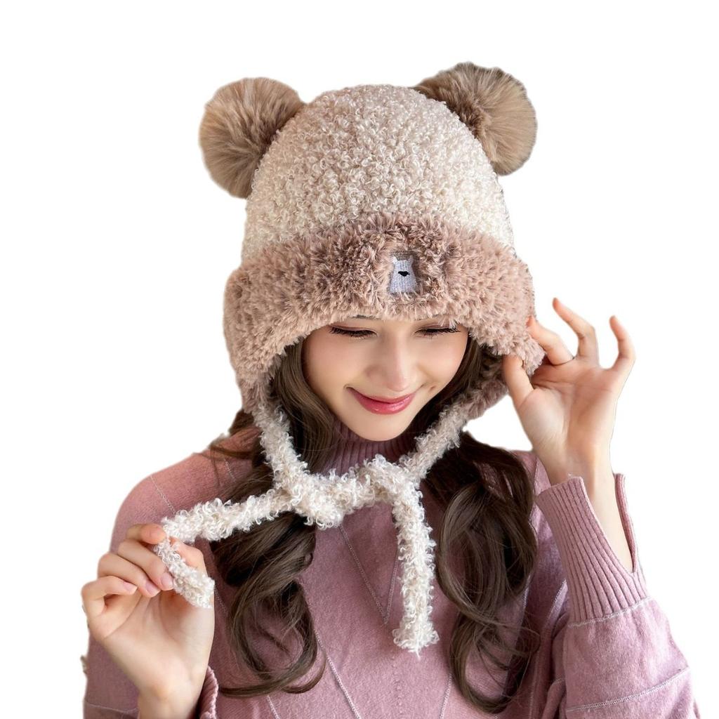 Cute Little Bear Plus Velvet Hat for Women In Autumn and Winter New Korean Style Knitted Hat Versatile Warm Ear Protection Fashion Wool Hat