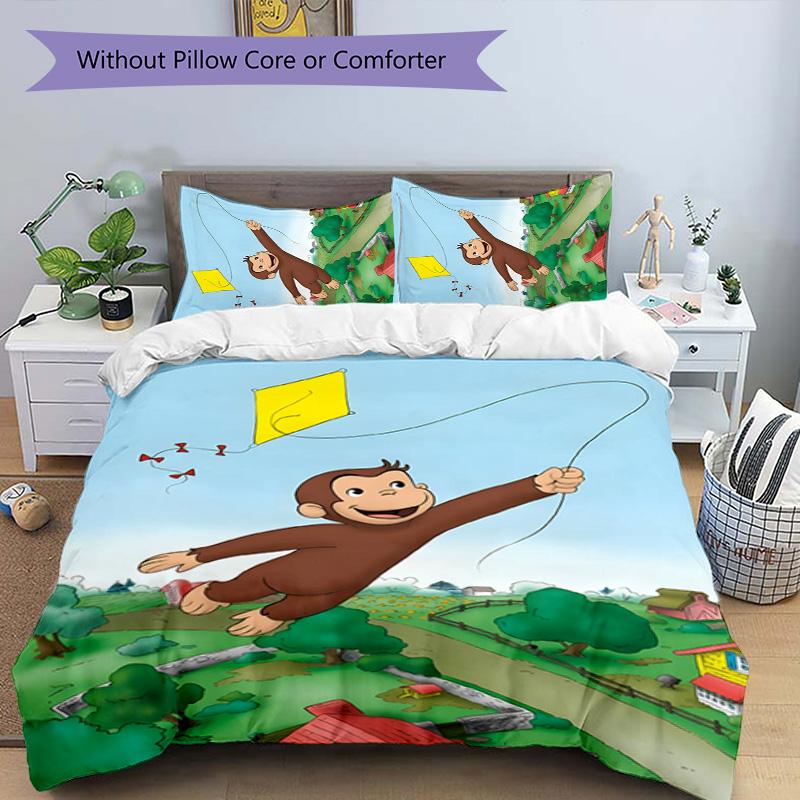 Curious George 3pcs Bedding Set Duvet Cover Closure Includes 1 Duvet Cover & 2 Pillowcases for All Seasons Bedroom Home Dorm Decor