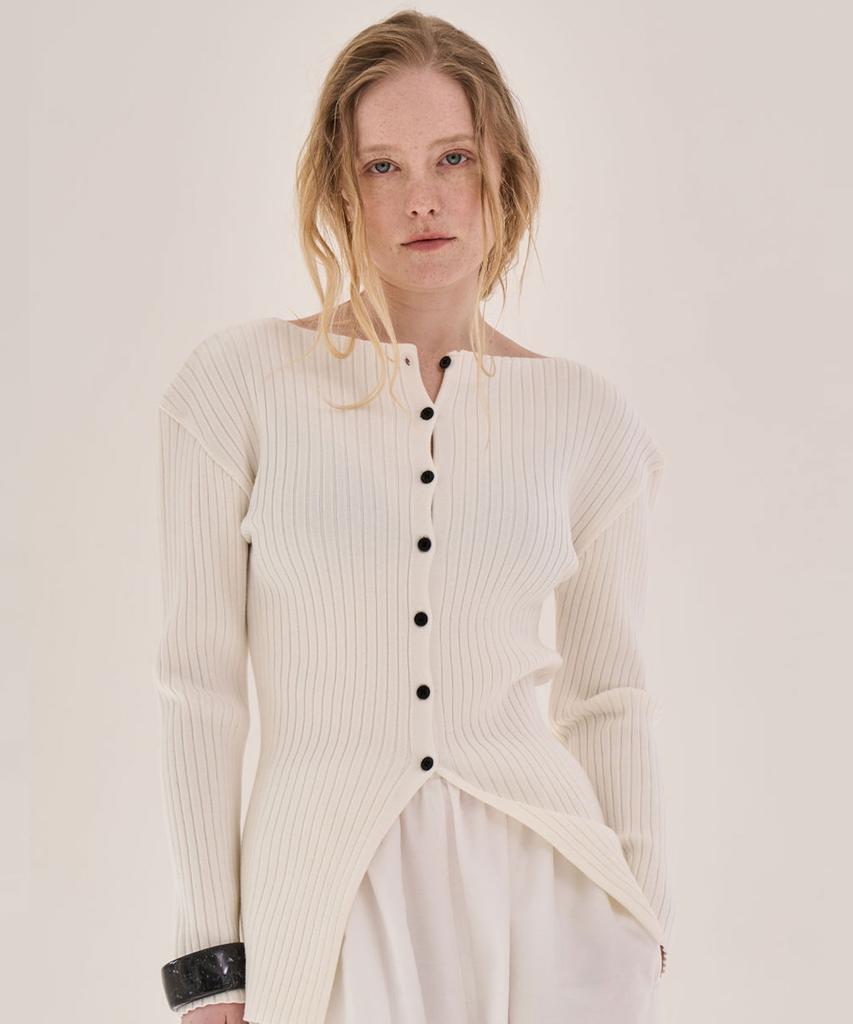 GRIDAJ Cotton Blended Boat Neck Cardigan _ Ivory