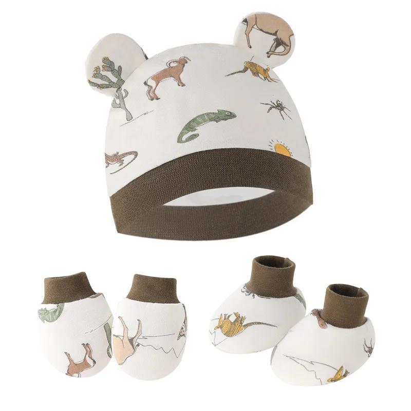 Комплект из 3 перчаток и носков для новорожденных, хлопковая детская шапочка с милым принтом в форме уха, реквизит для фотосъемки, аксессуары для младенцев, подарок на день рождения