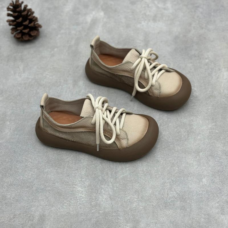 Johnature Retro Genuine Leather Lace Up Women's Shoes Casual Round Toe Cowhide Flats