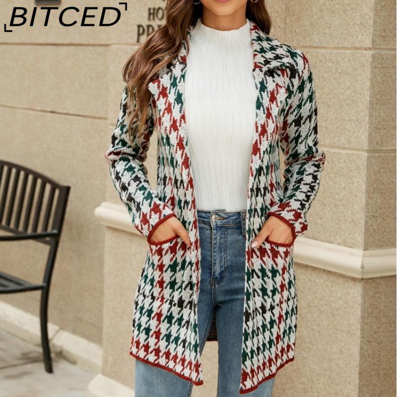 BITCED Autumn/Winter Long-Line Sweater: Colour-Blocked Houndstooth Knit Cardigan with Elegant Commuter Style Tailored Blazer with Suit Collar
