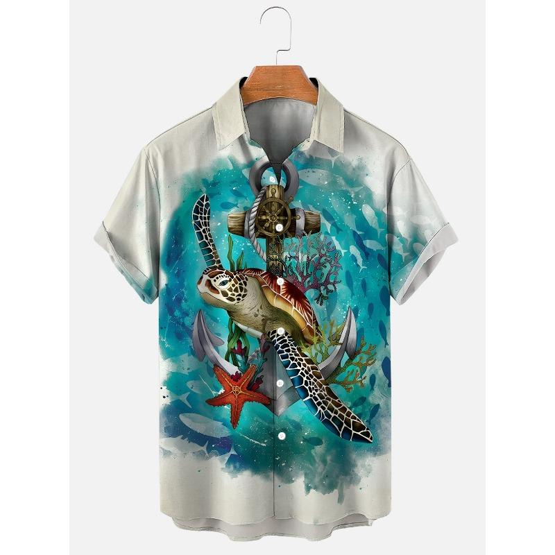 Модные летние рубашки с принтом черепахи Гавайские рубашки на пуговицах Мужские летние пляжные рубашки с коротким рукавом Повседневные мужские рубашки с лацканами